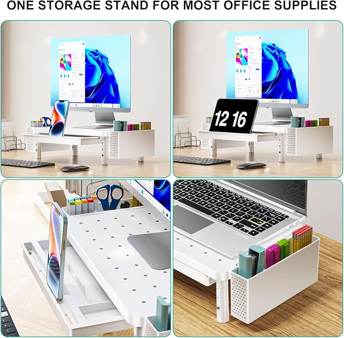 WALI Computer Monitor Stand with Storage, Desk Organizer with Drawer and Pen Holder, Desk Monitor Riser 3 Height Adjustable, Laptop Riser for Computer, Laptop, Printer(PTT003-W), 1 Pack, White