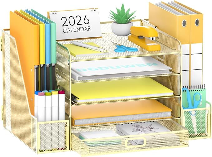 Mesh Desk Organizer with File Holder, 5-Tier Paper Letter Tray Organizer with Magazine Holder, Desktop Organizer and Storage with Drawer for Office Supplies Home or School (Golden) | Two side magazine holders and a bottom drawer store papers, folders, ...