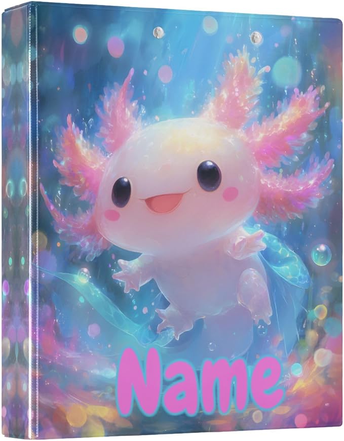 Custom 3 Ring Binder Shiny Axolotl 1.5" Round Ring Binders Personalized Name View Binder with 200 Sheet for Kids School Supplies Women Men Office, 1 Pack