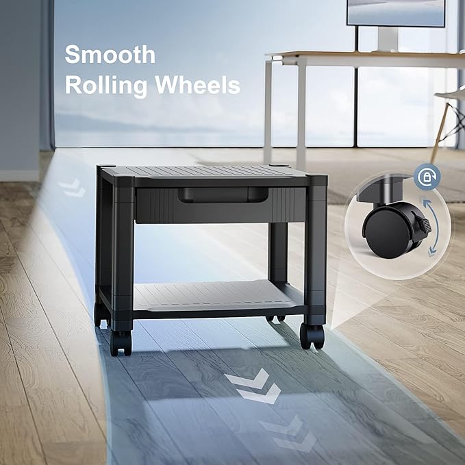 HUANUO Printer Stand with Cable Management and Storage Drawer, Printer Table with Locking Wheels, 14.1-inch Maximum Height Printer Cart for Under Desk, Home, Office, HNDPS | Cable management, 17.2 x 13.2 inch top shelf, adjustable height, 38.5 lbs capa...