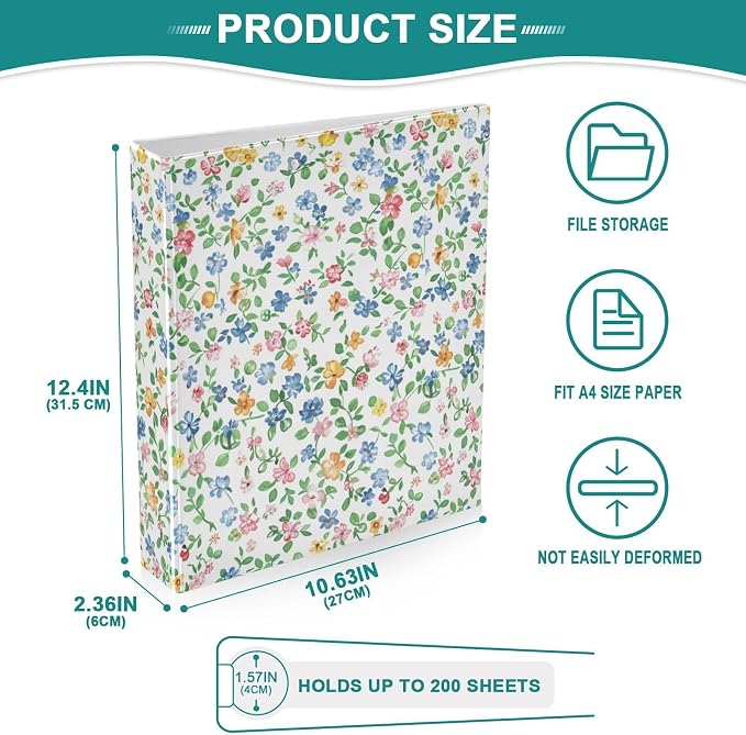 Flowers Boho 3 Ring Binders 1.5 Inch Round Rings Clear View Three Ring Binders Versatile Binder for Work School Office Supply 1 Pack