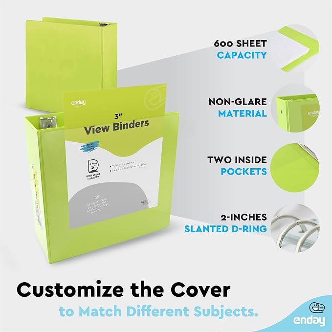 Enday 3 inch Binder (24 Pack - Green) 3 Ring Binder 3 inch with Clear View Cover and 2 Inside Pocket - for Letter Size 8.5 x 11'' Paper, Ideal for School Supplies, Office, and Home