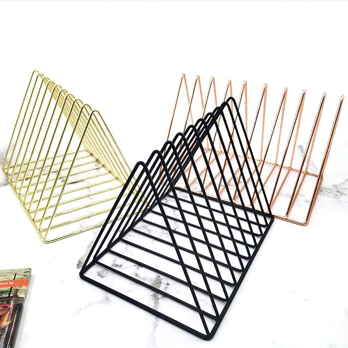9 Slot Magazine Rack Book Record Holder, Desktop Iron Storage Rack Bookshelf Multifunction Triangle File Organizer Sorter for Decor Home Office, Black Pack of 2