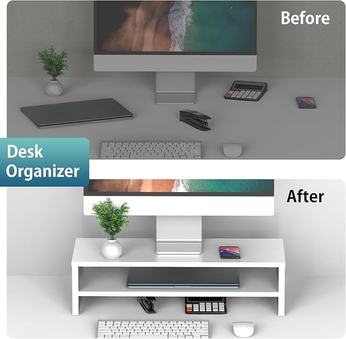 FITUEYES Wooden Monitor Stand Riser, 2-Tier Desk Storage Shelf, White | 21.3-Inch Desktop Organizer Fits Laptop, Computer Screen and Office Supplies