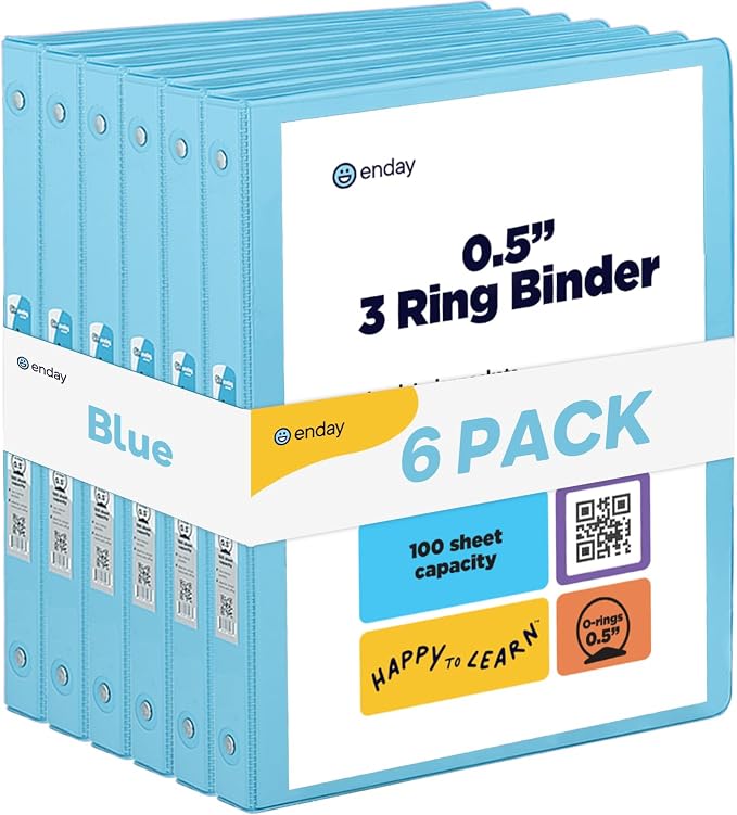 Enday 1/2 inch Binder 3 Ring Binder (6 Pack - Blue) O-Ring Binder with Clear View Cover and 2 Inside Pocket - for Letter Size 8.5 x 11'' Paper, Ideal for School Supplies, Office, and Home
