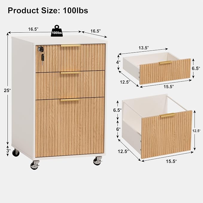 3 Drawers Fluted Mobile File Cabinet with Lock, Rolling File Cabinet Printer Stand Table, Under Desk Wooden Filing Cabinets for Home Office Essentials Storage Organization Furniture Letters/A4(Oak)