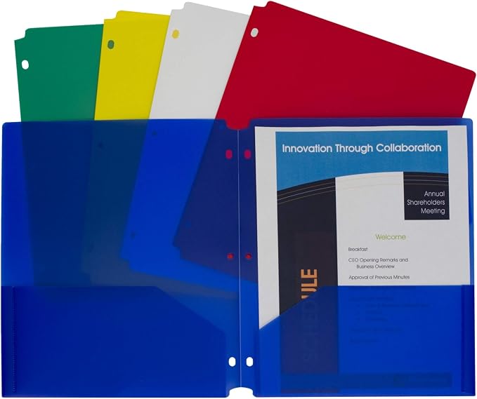 C-Line Two-Pocket Heavyweight Poly Portfolio Folder, 3-Hole Punch, 11 X 8.5, Assorted, 10/Pack