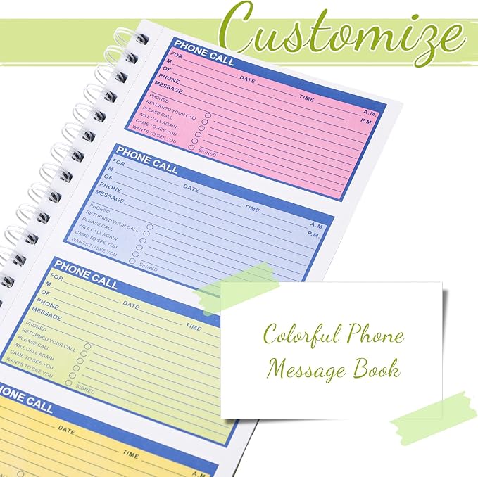 Sinmoe 10 Pcs Spiral Bound Phone Message Book with Carbon Copy 5-1/2" x 11" 2 Part Colorful Carbonless Telephone Message Pads Duplicate Spiral Phone Call Log Book for Business Office (Green,Blue)