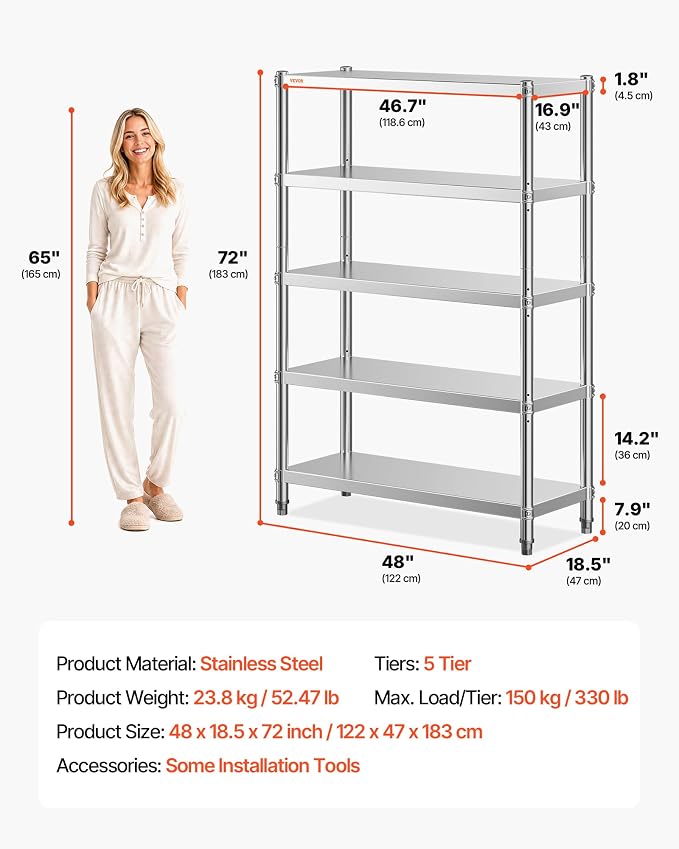 VEVOR Stainless Steel Shelving 48x18.5 Inch 5 Tier Adjustable Shelf Storage Unit Stainless Steel Heavy Duty Shelving for Kitchen Commercial Office Garage Storage 330lb Per Shelf | Storage Unit for Various Spaces Load Capacity 330 lbs Per Shelf Heavy Du...