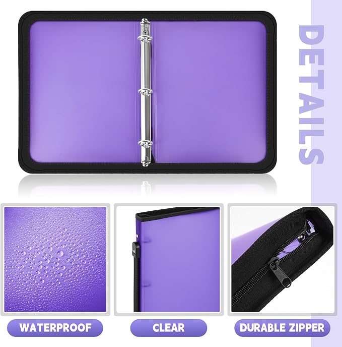 Teling 4 Pcs 1 Inch Zipper Binder 3 Ring Organizer, Purple | Secure Zipper Closure, Refillable 3 Ring Design, Handle Carry, Fits Letter Size Papers for School, Office and Projects