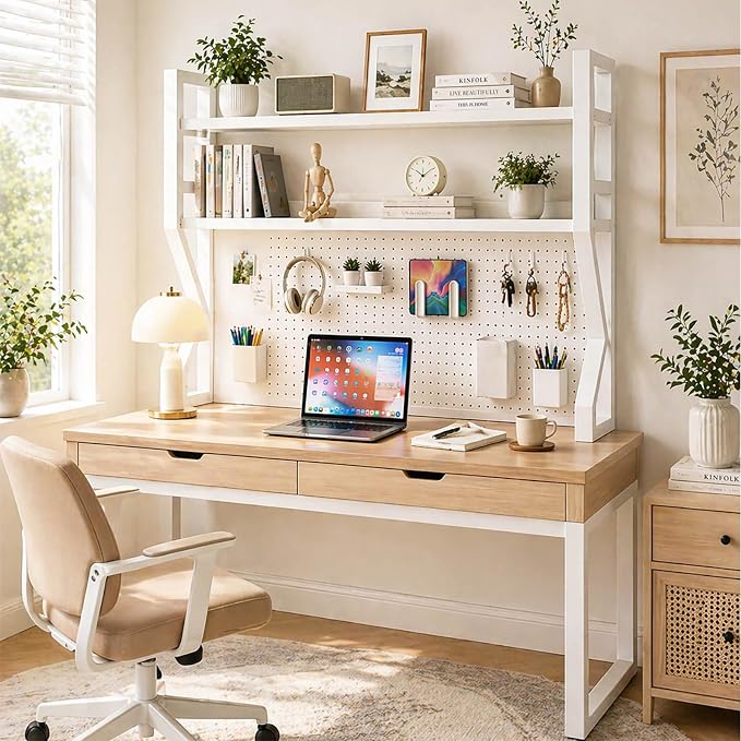 Lefedrasticity 3 Tier Desktop Bookshelf with Pegboard Desktop Organizer Shelf for Dorm Heavy-Duty Desk Shelf Organizer Desk Bookshelf for Office Dorm Room Gaming Desks (White, 45.3" L)