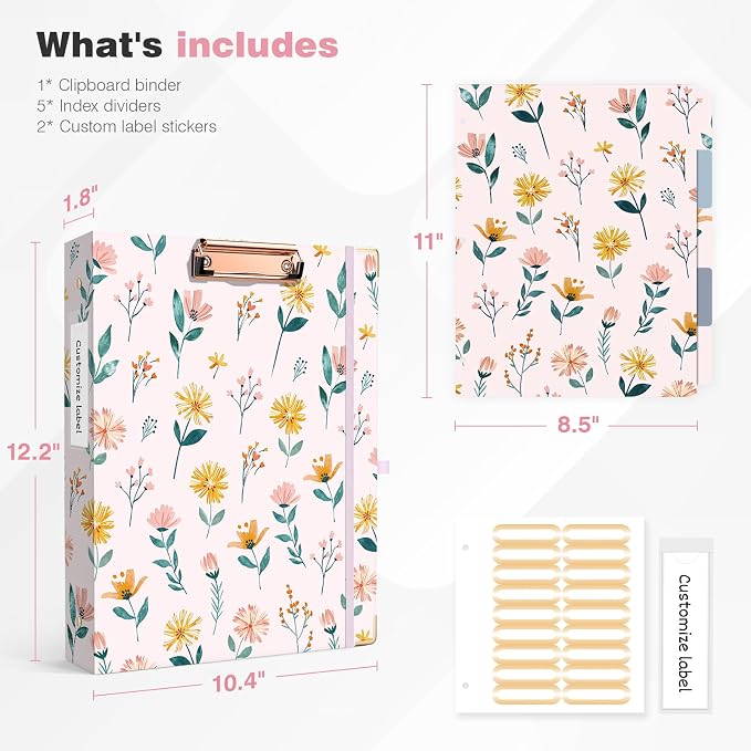Ospelelf 3 Ring Binder 1 Inch Round Rings, Clipboard Binders for Letter Size Paper with 5 Tab Dividers, for School and Office Supplies, Pink Floral