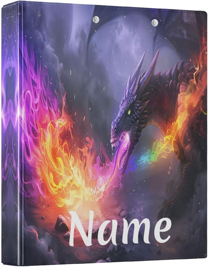 Custom 3 Ring Binder Dragon Spitting Fire 1.5" Round Ring Binders Personalized Name View Binder with 200 Sheet for Women Men Office Kids School Supplies, 1 Pack
