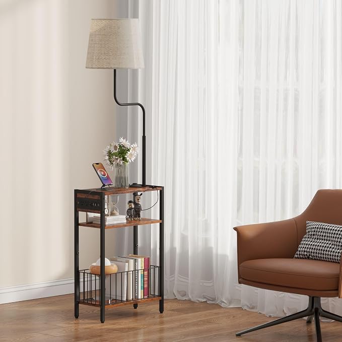 HavenlyYouth Floor Lamp with Table & Storage Baskets, End Table with 3 Color Temperatures LED Bulb, Nightstand with Charging Station, Shelves Side Table for Living Room, Bedroom, Office - Brown