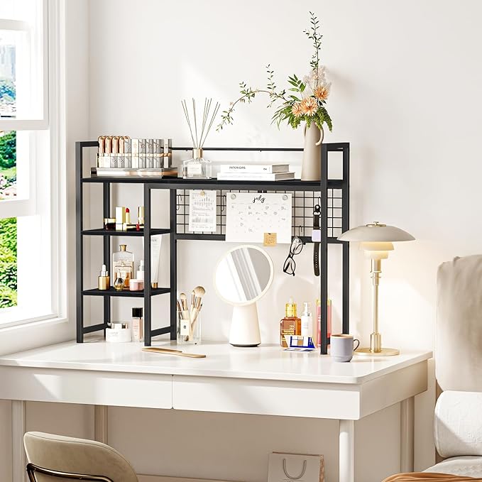 Snughome Desk Shelf, 38.6" Desktop Organizer Shelf, Desk Hutch for Computer Monitor, 4 Tier Desk Display Rack with Pegboard Hooks Set, Wood Desktop Bookshelf for Home Office Dorm, Black
