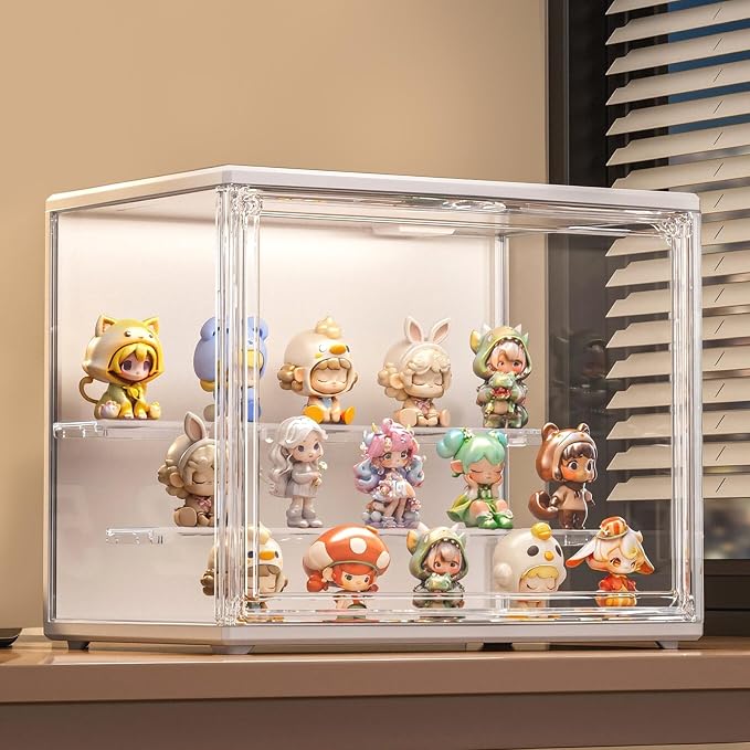 GUDEMAY Acrylic Display Case with Lights, Clear Showcase with Detachable Shelf, Stackable Storage Bins for Collectibles, Action Figure, Popmart (L-1 Pack)
