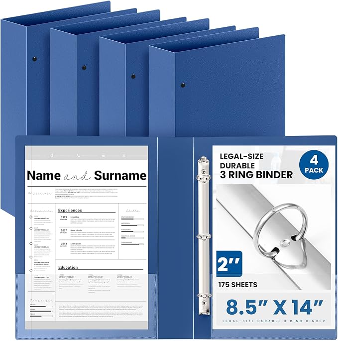 Henoyso 4 Pcs Legal Size Binder 3 Ring 2" Durable Navy Blue Binders for 8.5" x 14" Paper Hold up to 375 Sheets for Documents Artwork Blueprints, Office, Home, Workplaces