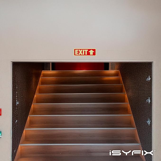 iSYFIX Exit Signs with Directional Up Arrow - 2 Pack 12x4 Inch Glow in the Dark for Business, School, Office, Warehouse - Durable 40 Mil Polystyrene, UV Laminated, Waterproof, Scratch & Fade Resistant
