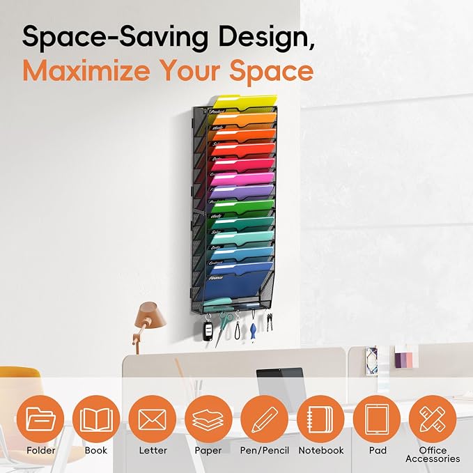 13-Tier Wall File Organizer with Hook, Hanging File Organizer Black | Wall-mounted mail storage holds papers, folders, files, clipboards and magazines, assembly required for office or home use.