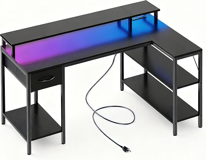 Alpen Corner Desk, 53 Inch L Shaped Desk with USB Charging Port and LED Light, Computer Desk with Storage Shelves & Monitor Stand, Corner Gamer Desk Table for Bedroom, Black