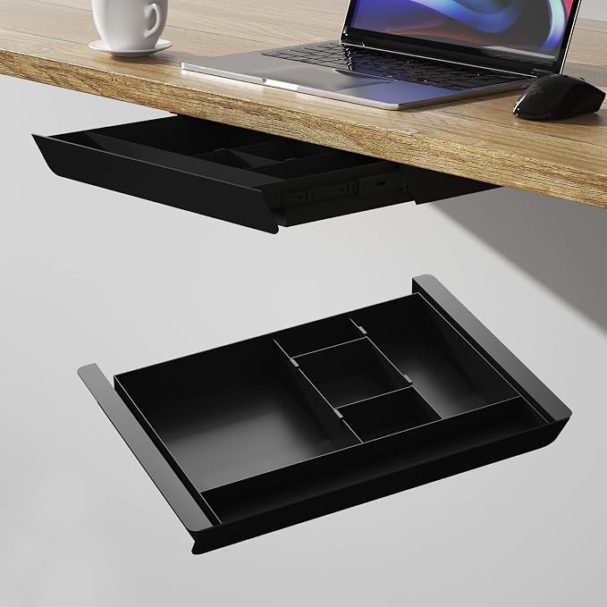 Under Desk Mounted Sliding Pull-out Drawer with Pencil Tray and Slide Storage Tray, 17'' long & 13.5'' deep Large Storage Organizer for Sit Stand Workstation