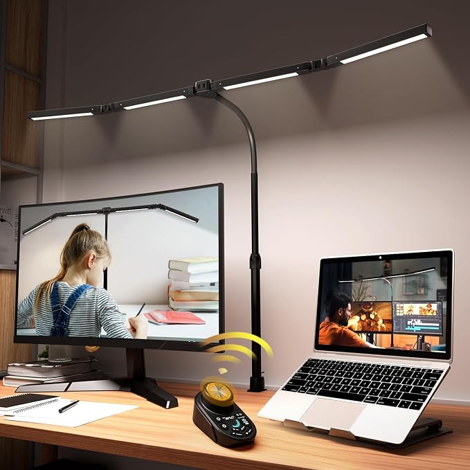 Adjustable LED Desk Lamp with Clamp, 4-Head Eye-Caring CRI95+ Desk Light, Stepless Dimming & Color Temp Remote Control, Flexible Neck, 5-Mode for Reading, Computer, Crafting, 90" Wide Desk Coverage