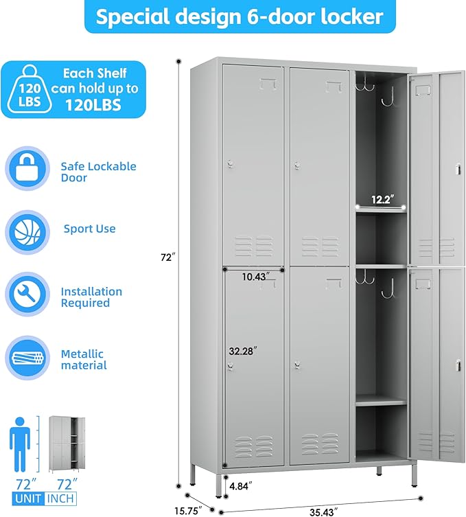 SUPEER 6 Doors Metal Locker Employee with Business Card Holder,Metal Locker for Employees with 18 Hooks for School Garage Office Gym Home,Assembly Required,Light Grey