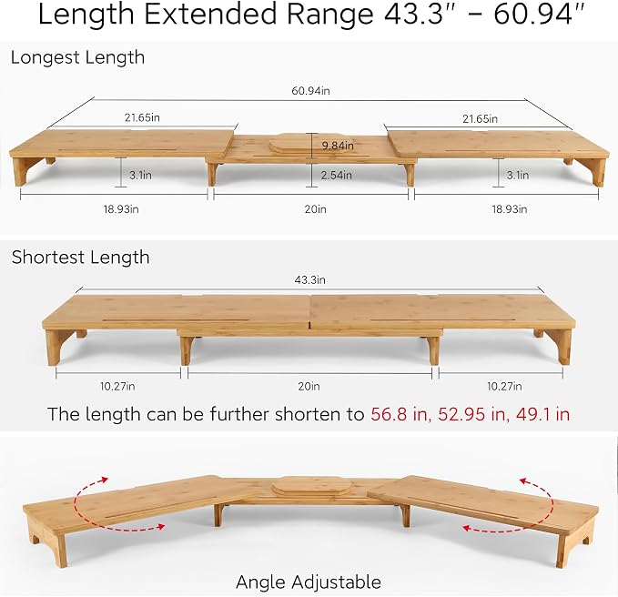 Nnewvante Monitor Stand Riser 60 inch Bamboo Dual Monitor Stand for Desk | Adjustable Length Angle, 3 Shelves Desktop Screen Riser, For Computer Laptop PC