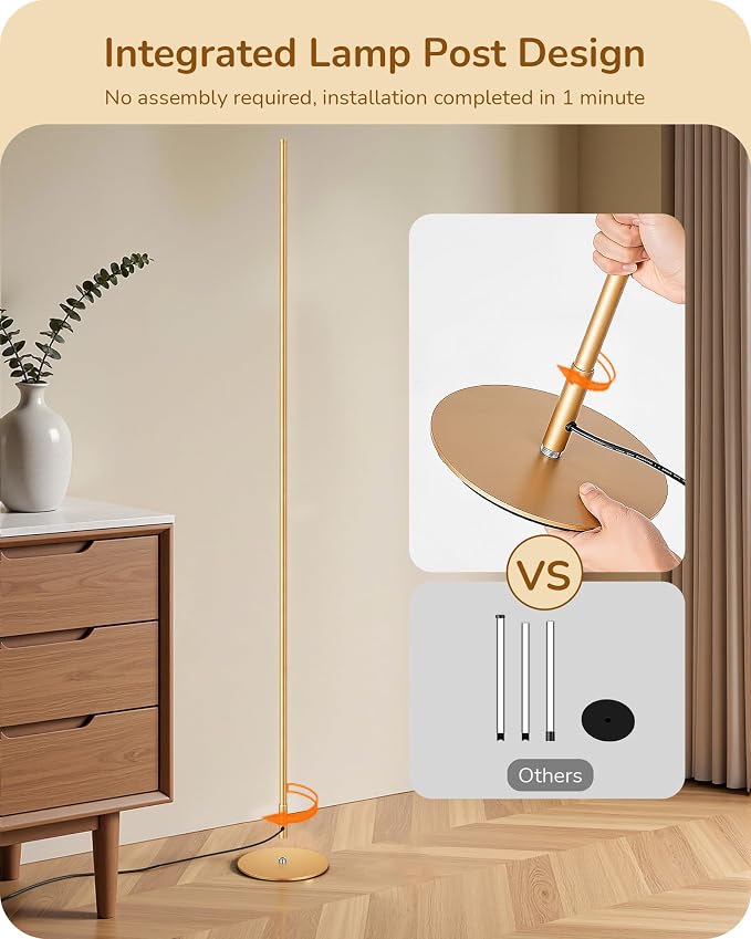 EDISHINE Floor Lamp, Remote Control & Foot Switch Floor Lamps for Living Room, 10%-100% Dimmable Standing Lamp with 7 Color Temperature, 57.5" Tall Corner Floor Lamp for Bedroom, Office, Gold | 2700-6000K, LED Minimalist Modern Floor Lamps for Living R...