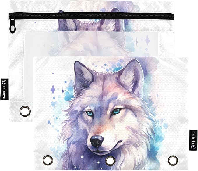 Wolf Watercolor Pencil Pouch for 3 Ring Binder, 2 Pack Waterproof Pencil Bags Clear Window Pencil Case Zipper School Office Supplies
