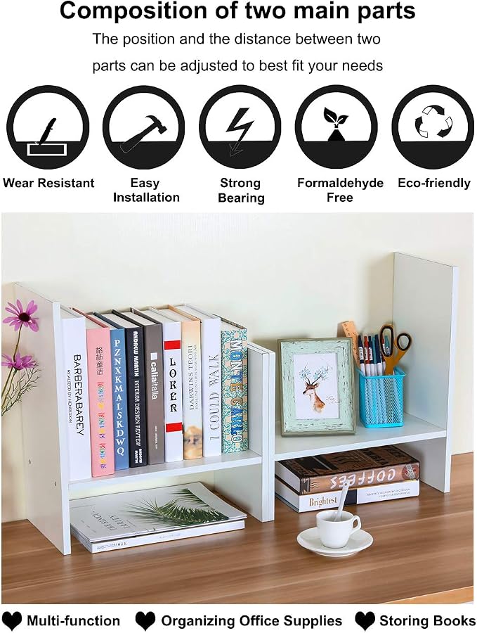 Adjustable Desktop Shelf Wood Small Bookshelf Desk Supplies Organizers and Accessories Storage Display Rack Office Decor, White
