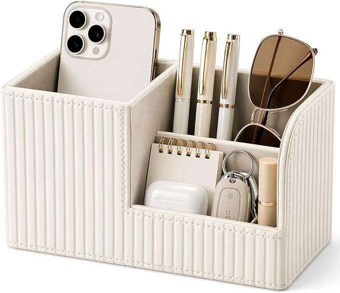 Desk Pen Organizer Office Supplies Caddy Pu Leather Multi-function Storage Box Pen/Pencil,Cell phone, Business Name Cards Remote Control Holder (Ivory White)