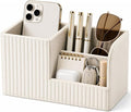 Desk Pen Organizer Office Supplies Caddy Pu Leather Multi-function Storage Box Pen/Pencil,Cell phone, Business Name Cards Remote Control Holder (Ivory White)