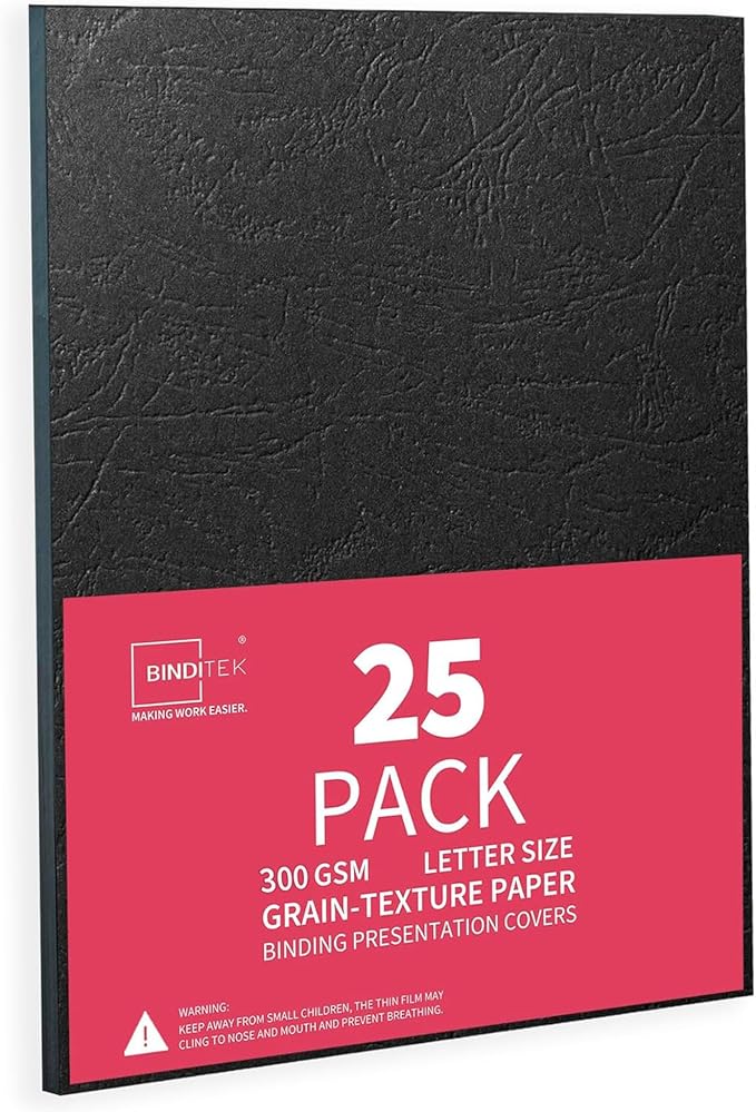 Binditek 16 Mil Grain-Texture Paper Binding Covers, 8.5x11", Black, 25 Pack | Paper Binding Covers, 8.5" x 11" Letter Size, 3000 GSM, 110 lb, Square Corners, Unpunched, for Business, School Projects