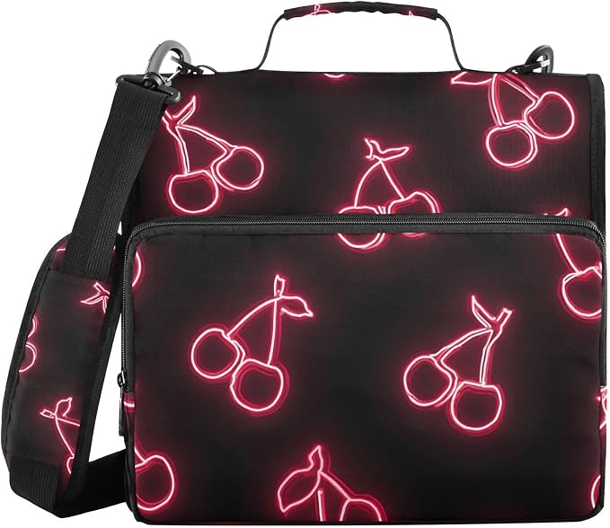 3 D-Ring Zipper Binder Bag, Pink Neon Cherry Pattern Black Removable Binder with Zipper Case Hold 300+ Sheets& 13 Inch Laptop for School Office Supplies Organizer