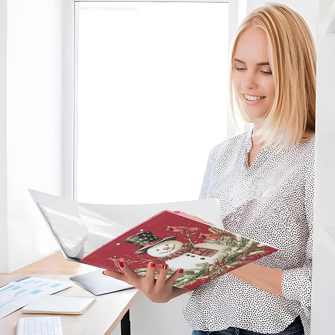 Christmas Snowman Xmas Birds Red 3 Ring Binder 1.5" Decorative D-Ring Binder with Clipboard&3 Clear Pockets, Holds 200 Sheets A4 Size Paper Waterproof Binders for School Home Office