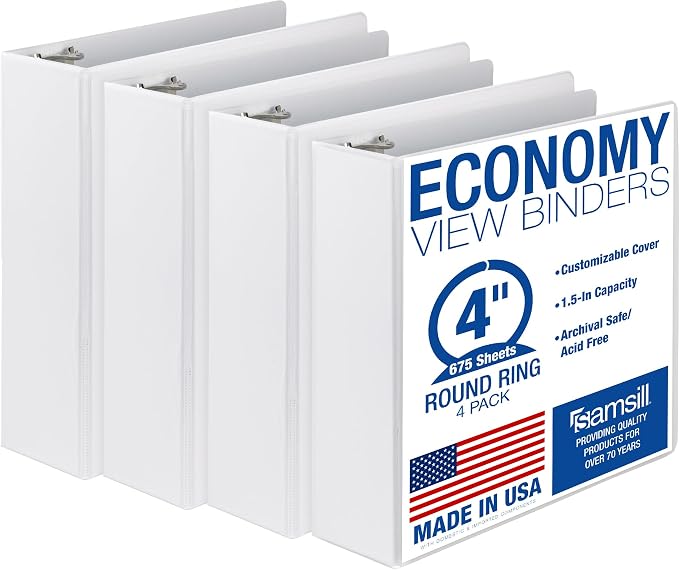 Samsill 4 Inch 3 Ring Binders, Economy Round Ring, Clear View Cover, 675 Sheet Capacity - for School, Home, Office - White, 4 Pack