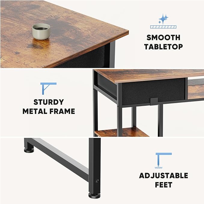 DUMOS 48-Inch Computer Desk with Drawers and Hook, Brown | Home Office Desk for Bedroom, Gaming Writing Study Desk with Adjustable Feet