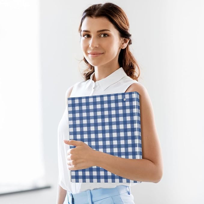3 Ring Binder with Blue & White Gingham Design - 1.5 Inch Heavy Duty Three-Ring Binder with 2 Pockets, Round Rings for Office Supplies (Letter Size)