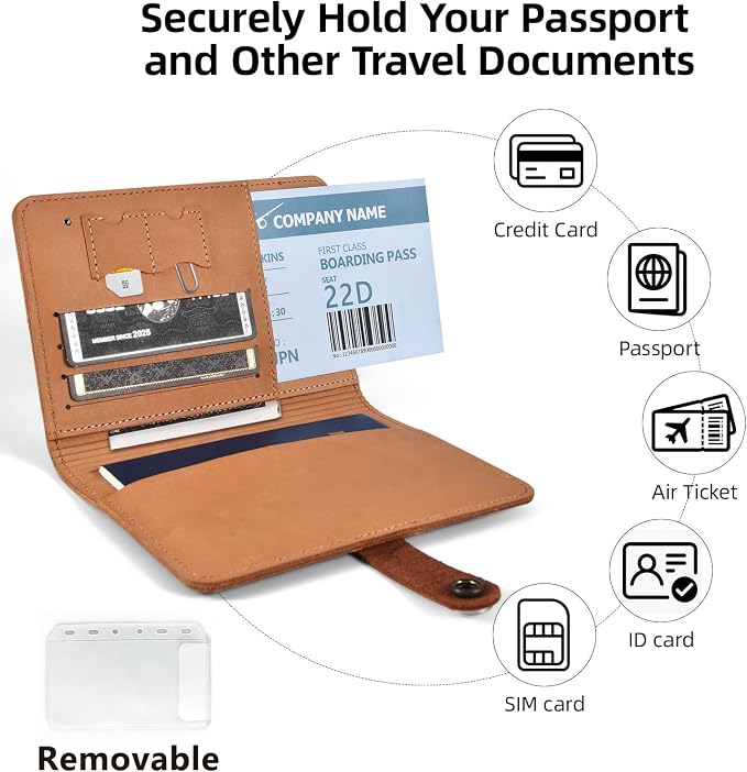 Brown Binder, Genuine Leather Passport Holder, Passport Cover with Air Tag Slot, Men's Travel Document Organizer, SIM Slot Travel Passport Wallet