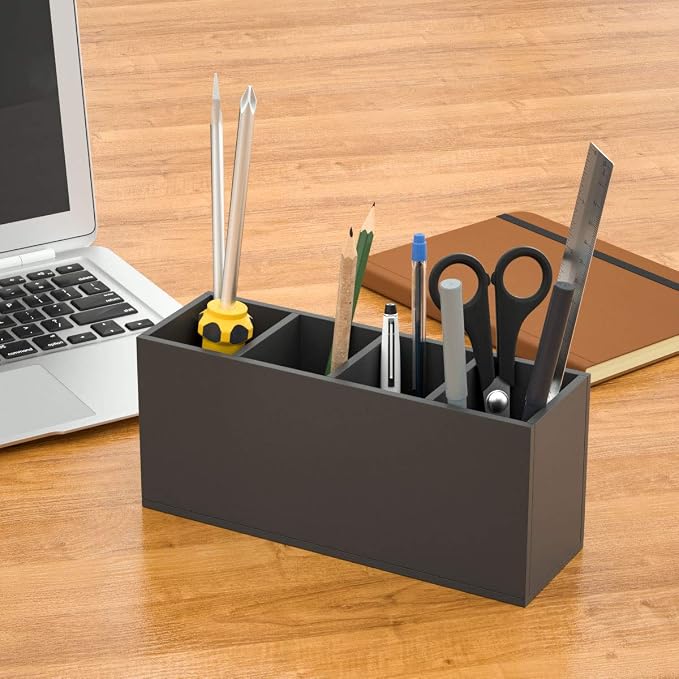 NIUBEE Acrylic Pen Holder 4 Compartments, Black Pencil Organizer Cup for Countertop Desk Accessory Storage (Black) | Scratch-resistant thick acrylic with 4 slots for pens, pencils, makeup brushes, office, vanity and school use