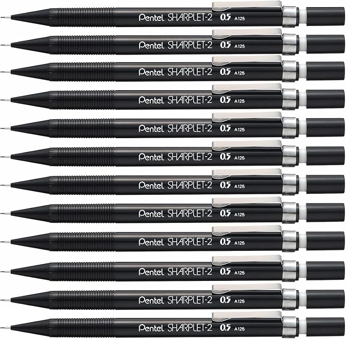 Pentel Sharplet-2 Automatic Pencil, (0.5mm) Lead Size, Black Barrel, Box of 12 (A125A)