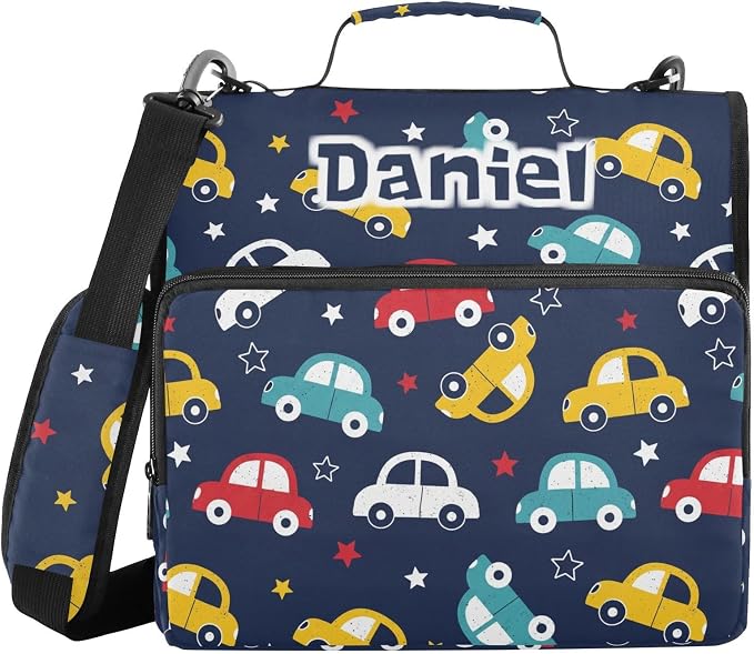 Custom Cars Stars Black Pattern 3 Ring Zipper Binder with Shoulder Strap & Handle 1.5 Inch D-Ring Zippered Bag with Multiple Pocket, Personalized Binder Organizer for School or Office