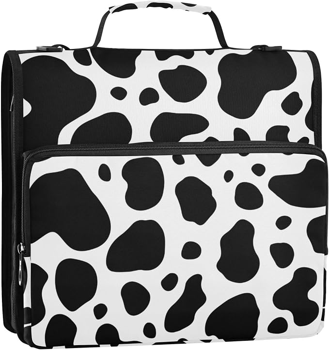 Fisyme Cow Print Zipper Binder 3 Ring with Zipper and Shoulder Strap Large Capacity Multi-Pocket Binder Organizer