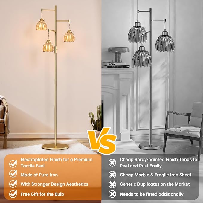 Shenmoyl Stepless Dimming Floor Lamps for Living Room, Bedroom, Gold Standing Lamp with 3pcs 6W Bulbs, Vintage Brass Floor Lamp for Corner, Nursery (Amber Tulip)
