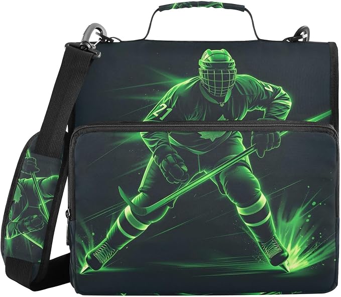 3 D-Ring Zipper Binder Bag, Green Hockey Player Removable Binder with Zipper Case Hold 300+ Sheets& 13 Inch Laptop for School Office Supplies Organizer