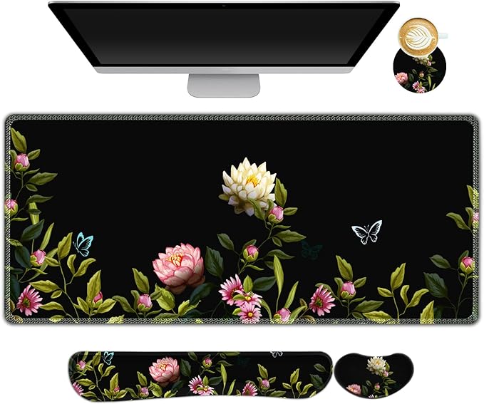Gaming Mouse Pad Wrist Support Set, XXL Large Desk Mat Mousepad + Keyboard Wrist Support+ Mouse Wrist Rest+Coaster 4in1 Ergonomic, Stitched Edge for Home Office -Flowers and Butterflies