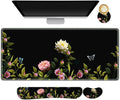 Gaming Mouse Pad Wrist Support Set, XXL Large Desk Mat Mousepad + Keyboard Wrist Support+ Mouse Wrist Rest+Coaster 4in1 Ergonomic, Stitched Edge for Home Office -Flowers and Butterflies