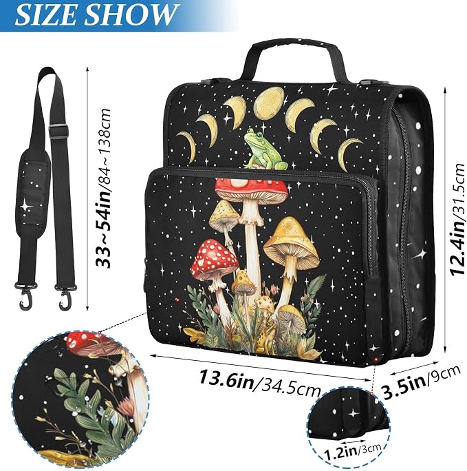 Mushroom Frog Binder Bag 3 Ring Zipper with Handle Shoulder Strap | for School Work Office Organizer Storage Case