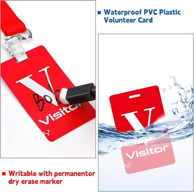 PerKoop 25 Pack Visitor Badge Lanyards Volunteer Badge Holder with Clips ID Card Holder with PVC Pass Card Reusable Breakaway Lanyards for Company Exhibition Guest Visitor(Red)